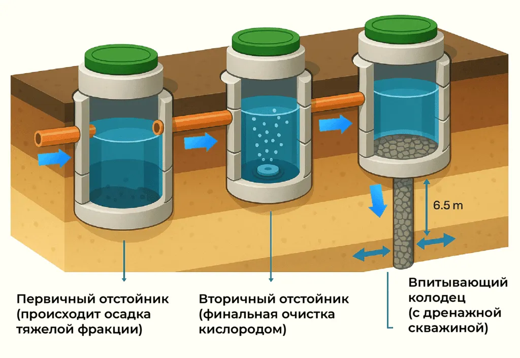 Схема системы канализации из ЖБИ колец ProSeptik